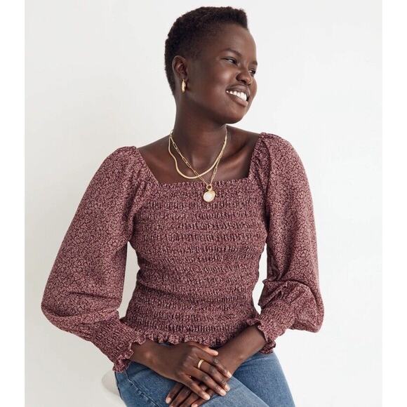 Madewell Tops - Madewell Women's M Burgundy Floral Lucie Bubble Sleeve Smocked Top Blouse